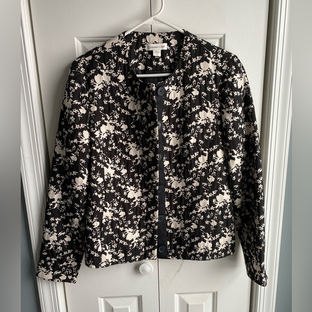 Coldwater Creek Womens Black Ivory Button Floral Blazer Jacket Size 8